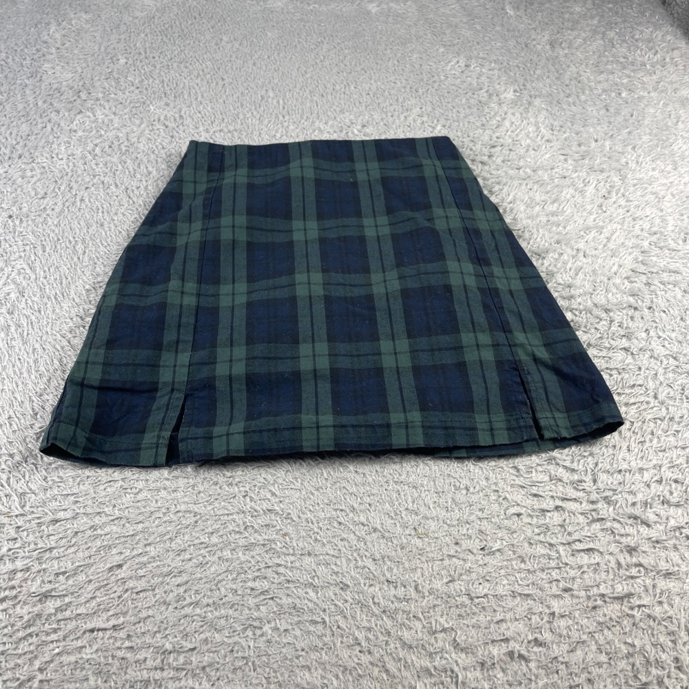 John Galt Brandy Melville Green Navy Plaid Mini Skirt Side Slit Preppy Size XS